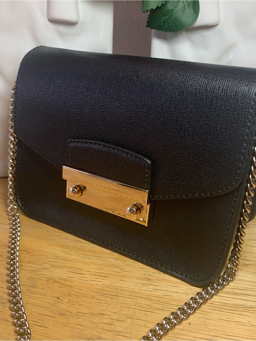 Furla Black Saffiano Leather Mini Crossbody with Gold-Tone Lock